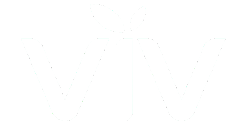 VIV logo in white with stylized leaf above the letter ‘I’.
