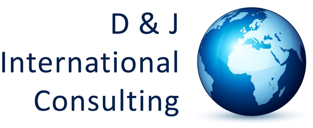 D & J International Consulting logo with blue globe illustration.