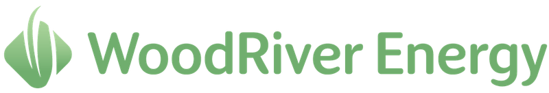 Green WoodRiver Energy logo with abstract leaf design.