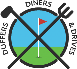 Duffers Diners & Drives golf event logo with crossed golf club and fork over a green and blue background.