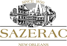 Sazerac Company logo featuring detailed illustration of a New Orleans-style street scene with gold text below.