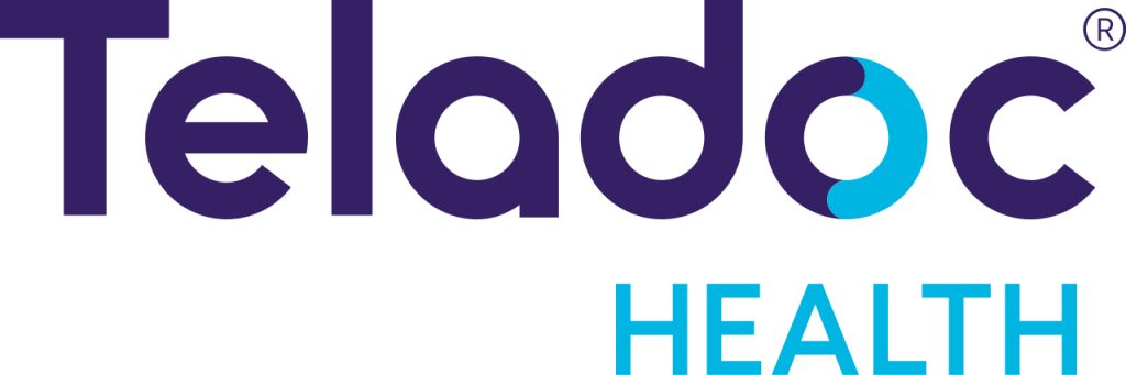 Teladoc Health logo in purple and blue with modern typography.