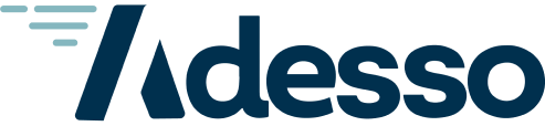 Adesso company logo in dark blue with angled line design.
