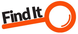 Orange magnifying glass icon with the words “Find It” in bold black letters, symbolizing search and discovery.