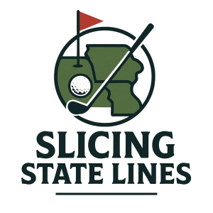 Logo for "Slicing State Lines" featuring a golf ball, club, flag, and a map outline within a circle.