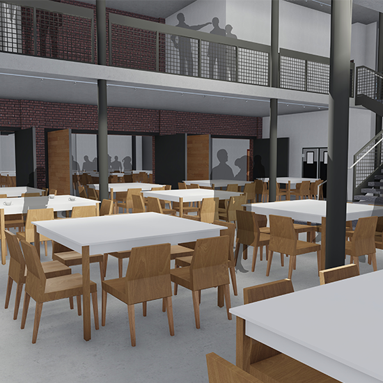 Rendering of a modern dining hall with wooden chairs, white tables, and a mezzanine level with silhouetted figures.